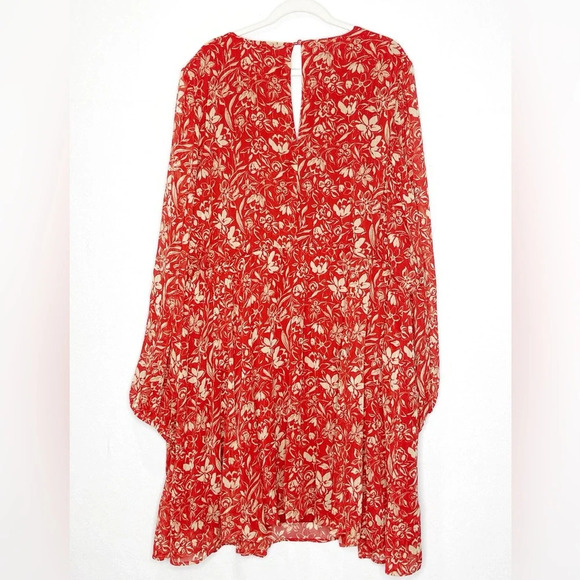 Torrid Babydoll Mini Dress Size 6X Red Floral Chiffon Bishop Sleeve Pockets - Picture 6 of 11